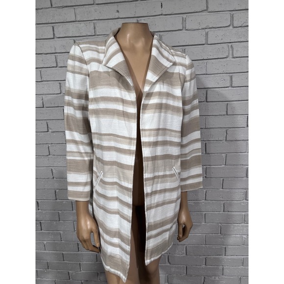 Chico's Jackets & Blazers - Chico's Striped Open Front Jacket Tan White Textured 3/4 Sleeve Size 1 Medium